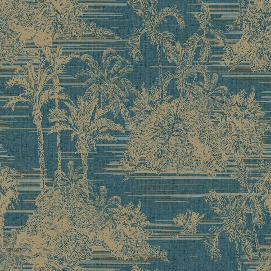 Dutch Wallcoverings Wallpaper Tropical Dark Blue and Gold colored