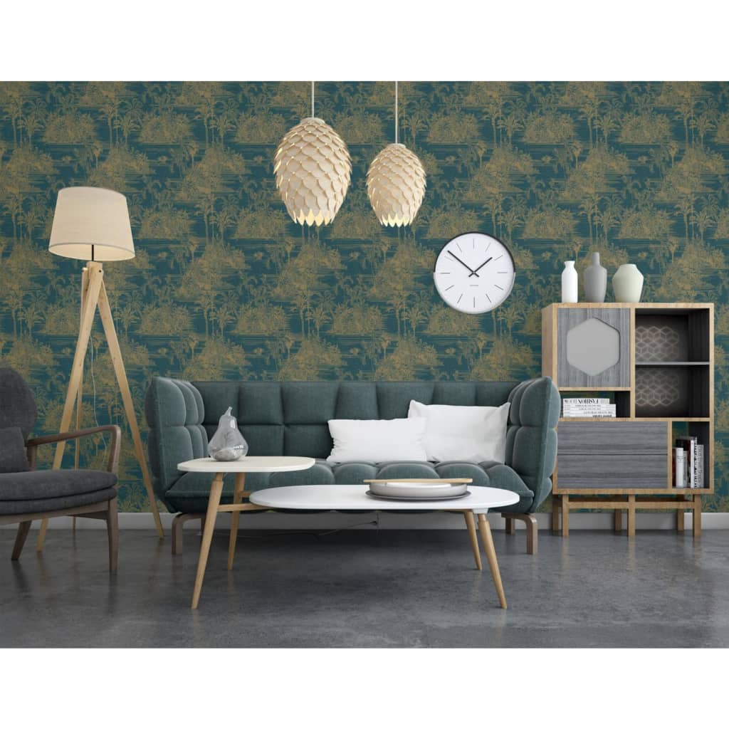 Dutch Wallcoverings Wallpaper Tropical Dark Blue and Gold colored