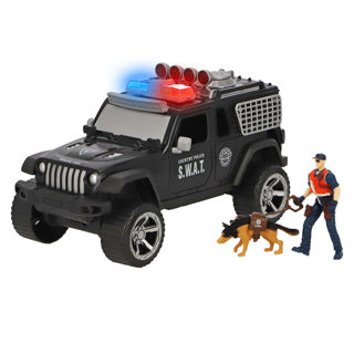 Police car with light and sound, police officer, police dog and accessories