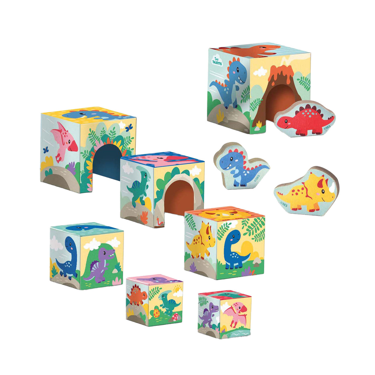 Tour à six blocs empilables avec figurines de dinosaures
