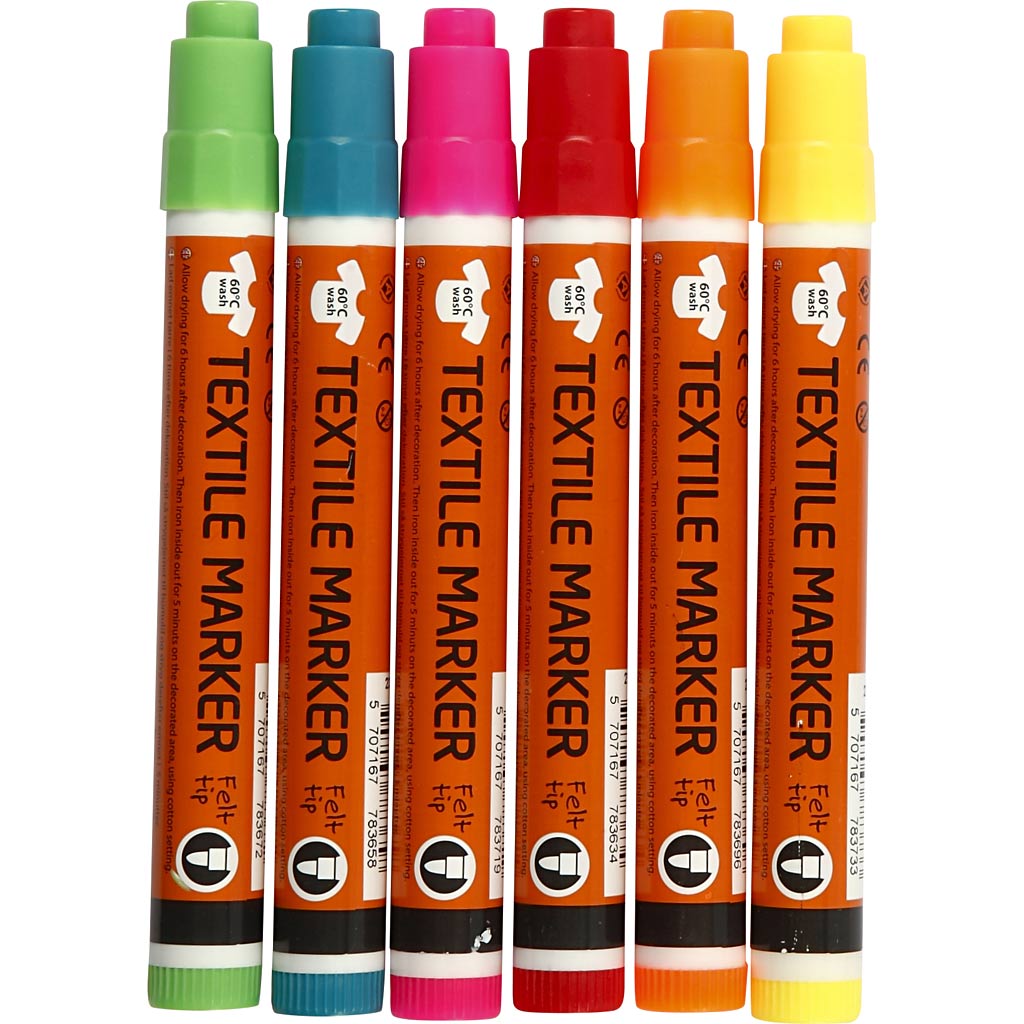 Textile markers, line width 2-4 mm, neon colours, 6 pieces 1 box