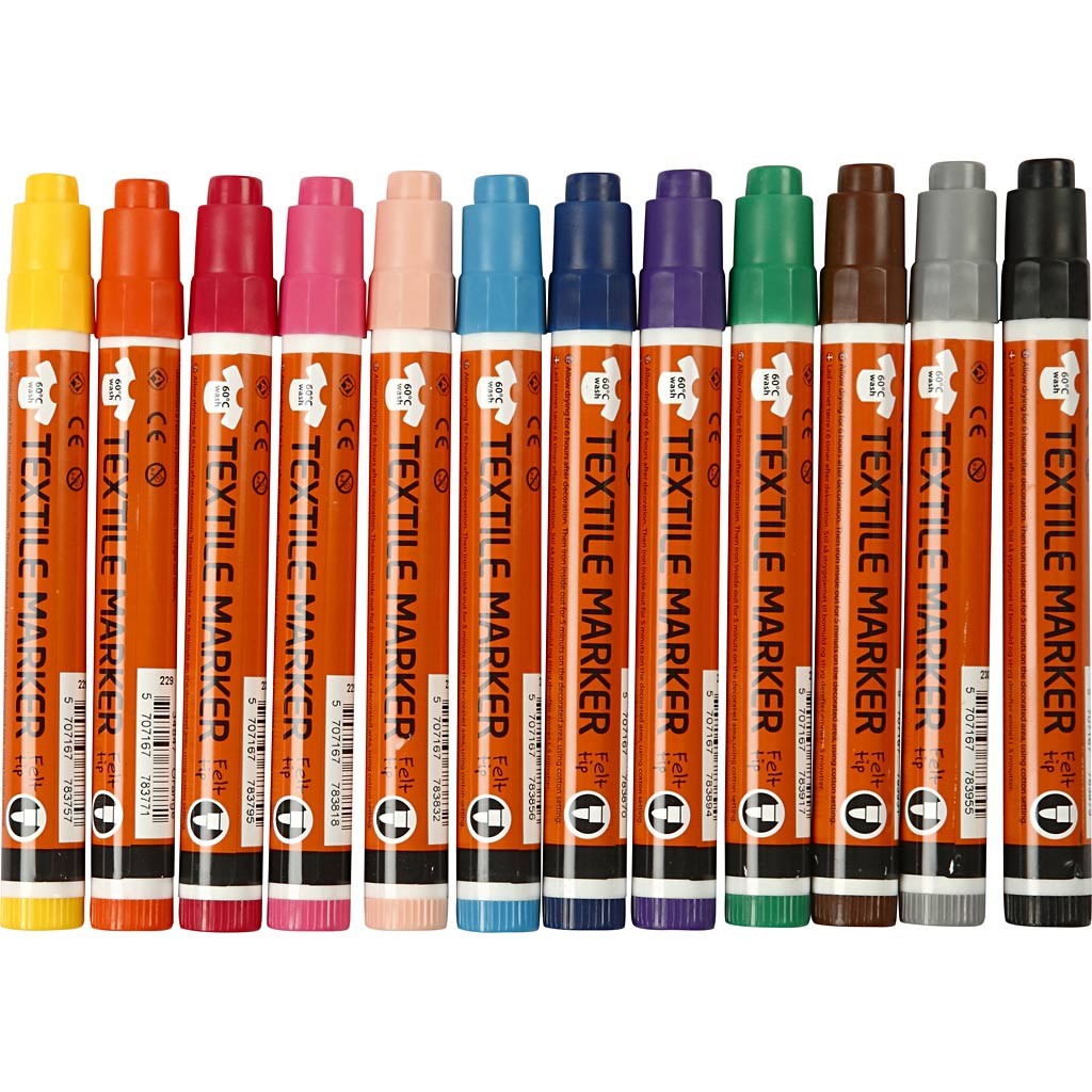 Textile markers, line width 2-4 mm, various colours, 12 pieces in a box