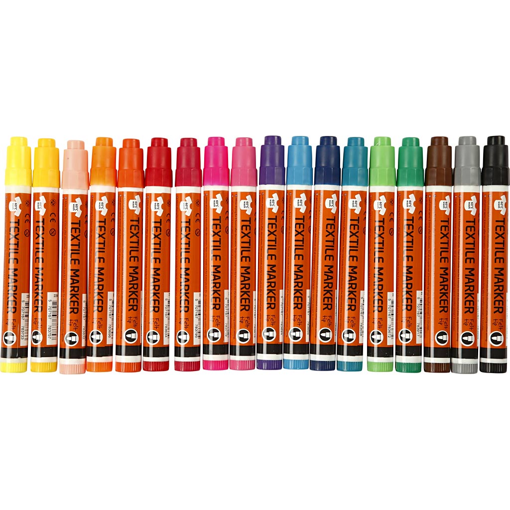 Textile markers, line width 2-4 mm, various colours, 18 pieces in a box