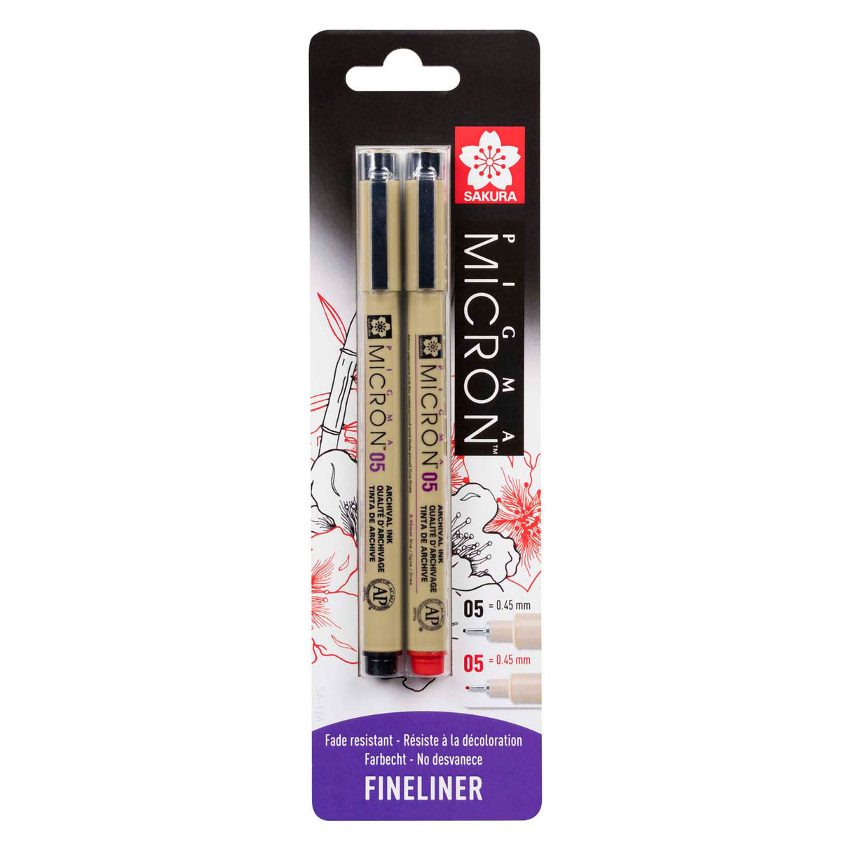 Sakura blister card pigma micron 05 0.45 mm black, red, 2 pcs.