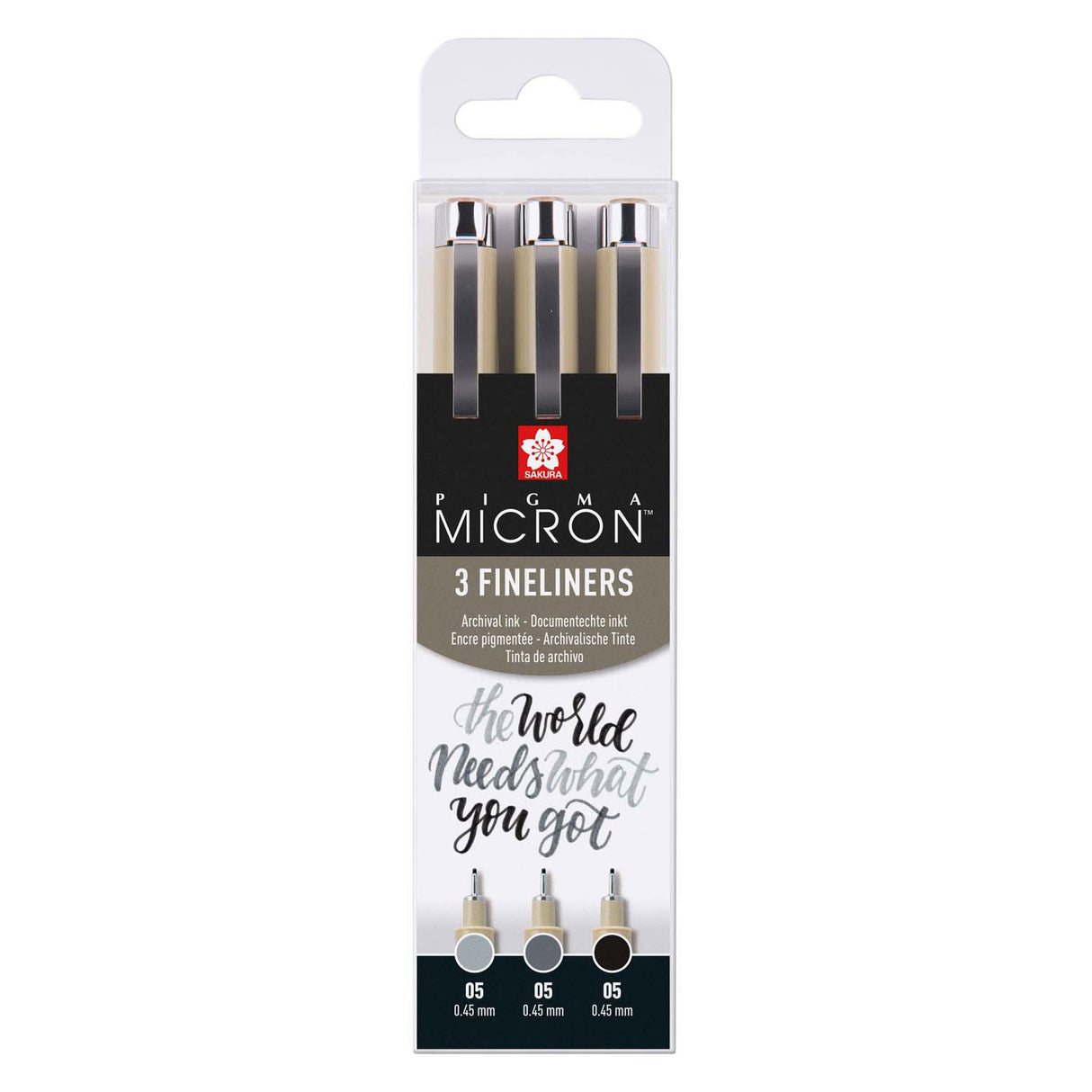 Sakura pigma micron 05 fineliner set, 3 pennor, svart-grå