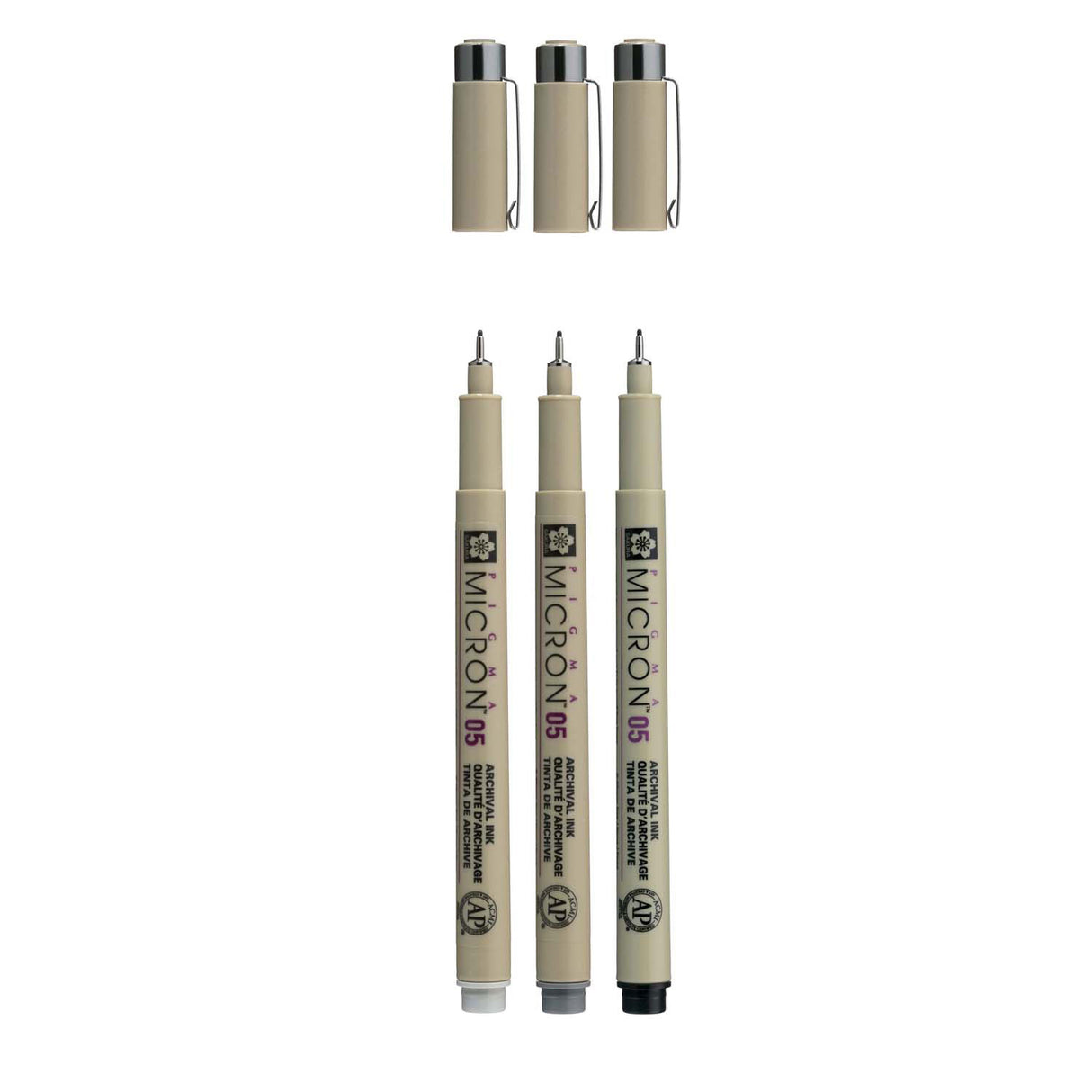 Sakura pigma micron 05 fineliner set, 3 pennor, svart-grå