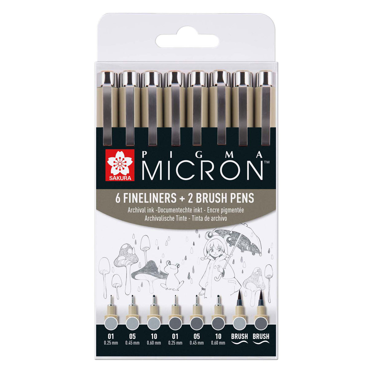 Sakura pigma micron fineliner setti 8 kynää. (vaalea) viileä harmaa