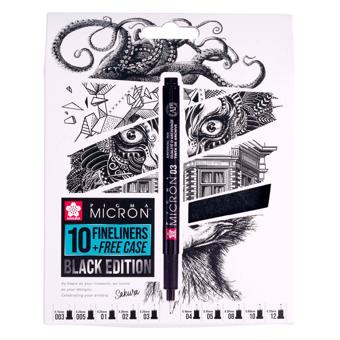 Sakura pigma micron black edition, ensemble et étui gratuit, 10 pièces