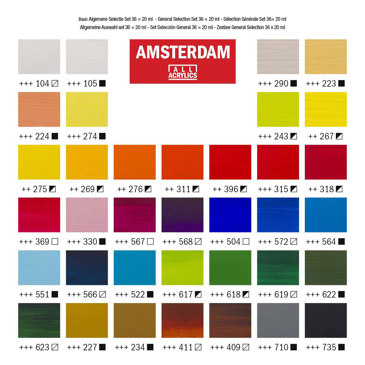 Juego de selección general de pintura acrílica serie estándar Bruynzeel amsterdam 20 ml, 36 piezas.