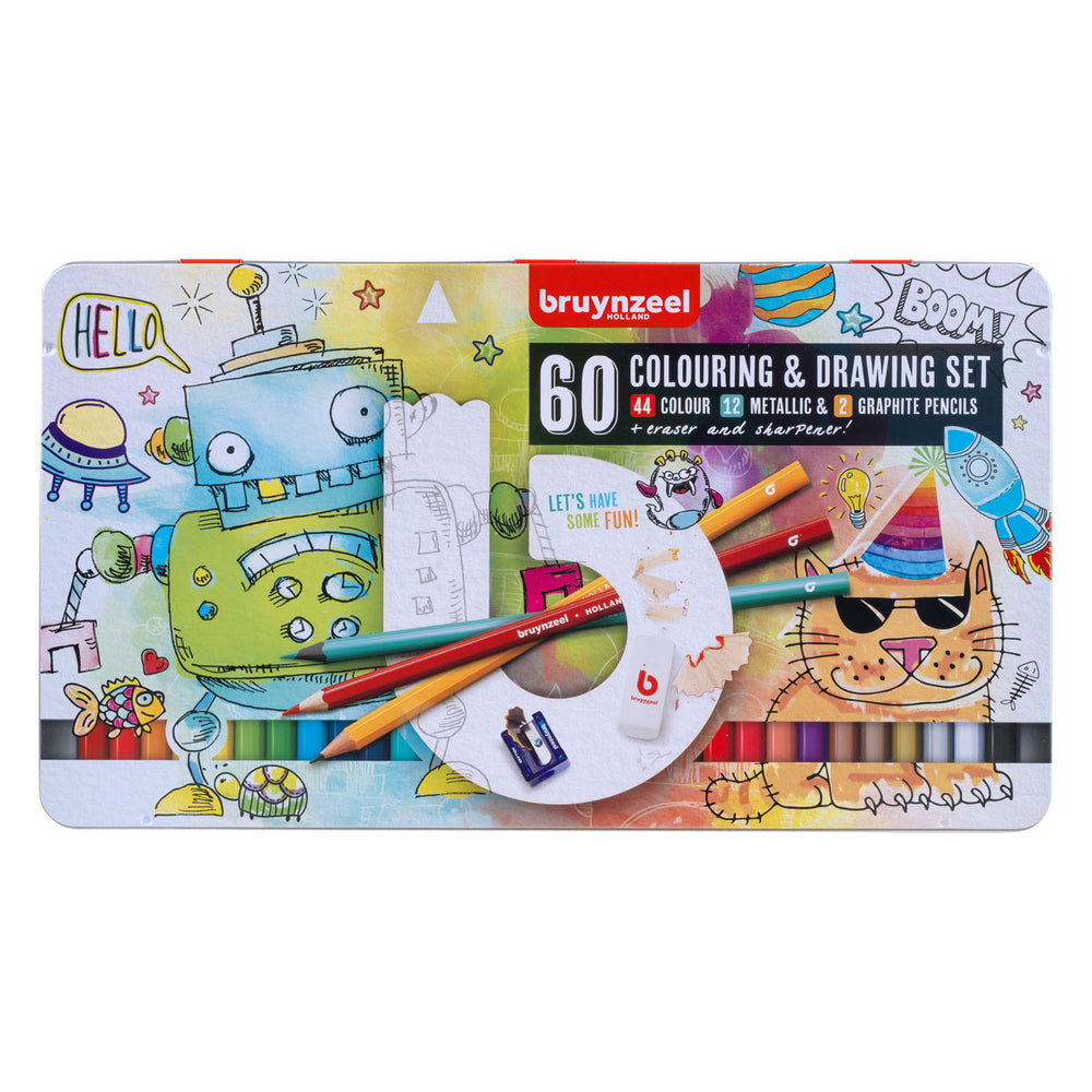 Bruynzeel Drawing and Colouring Set in Tin, 60 pcs.
