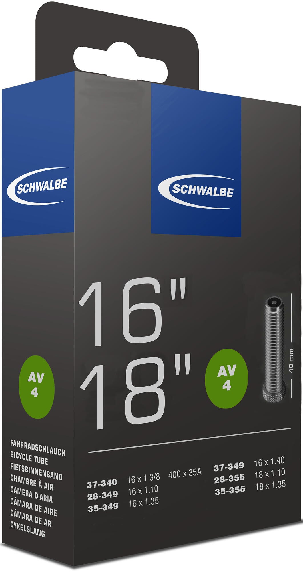 Tubo interno de Schwalbe 16 18 polegadas (37-340, 28 37-349, 28 35-355) AV 40 mm