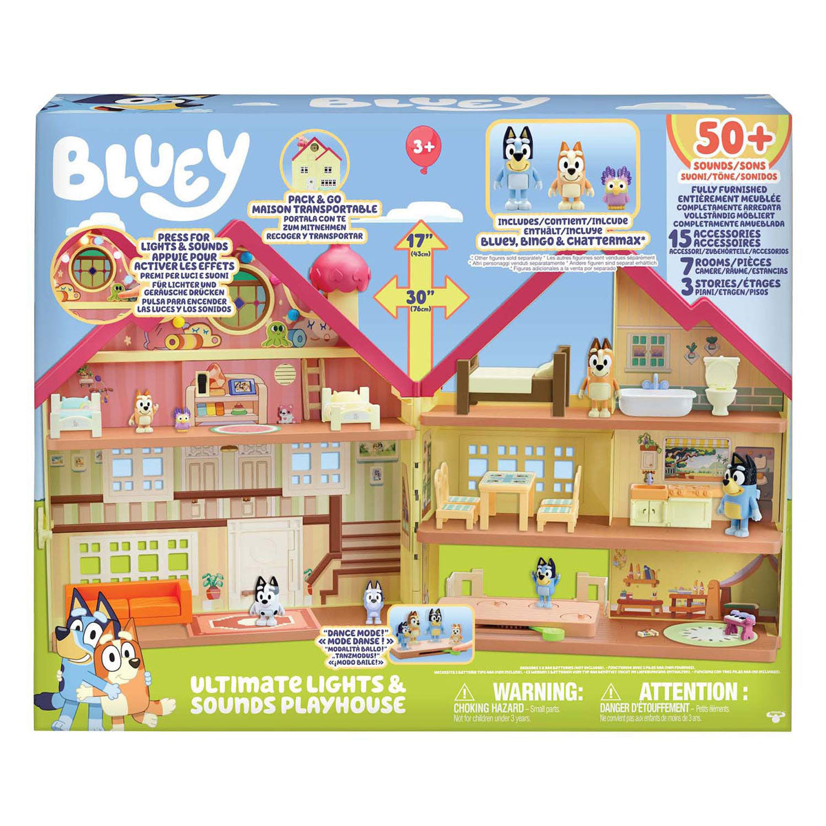 Moose joue avec la maisonnette bluey ultime avec lumière et son