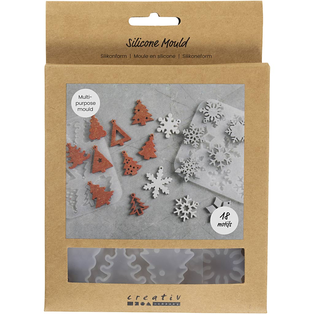 Creativ company silicone molds, snowflakes and Christmas trees, h: 0.3 cm, w: 3.5 + 4.7 cm, with hole for hanging, matt transparent, 2 pieces 1 piece