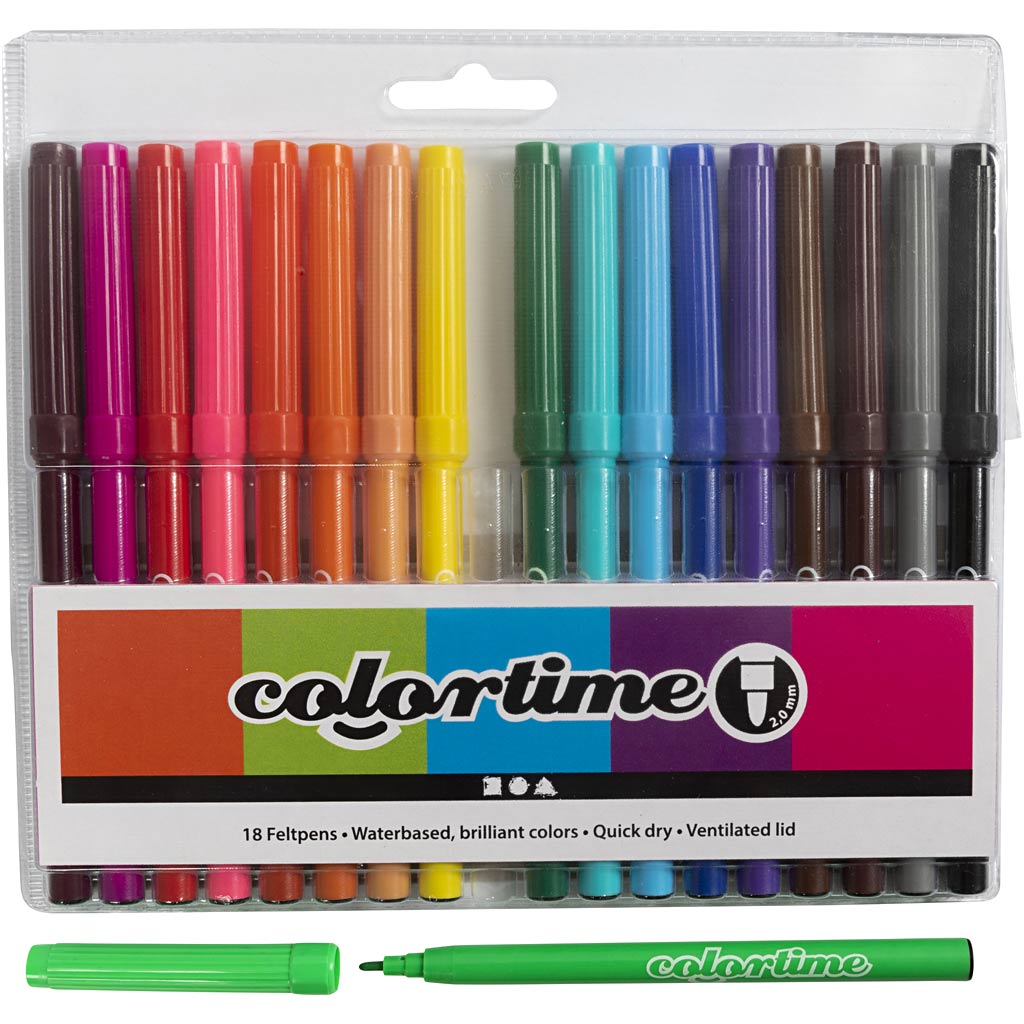 Colortime markers, line thickness 2 mm, various colors, 18 pieces in a box