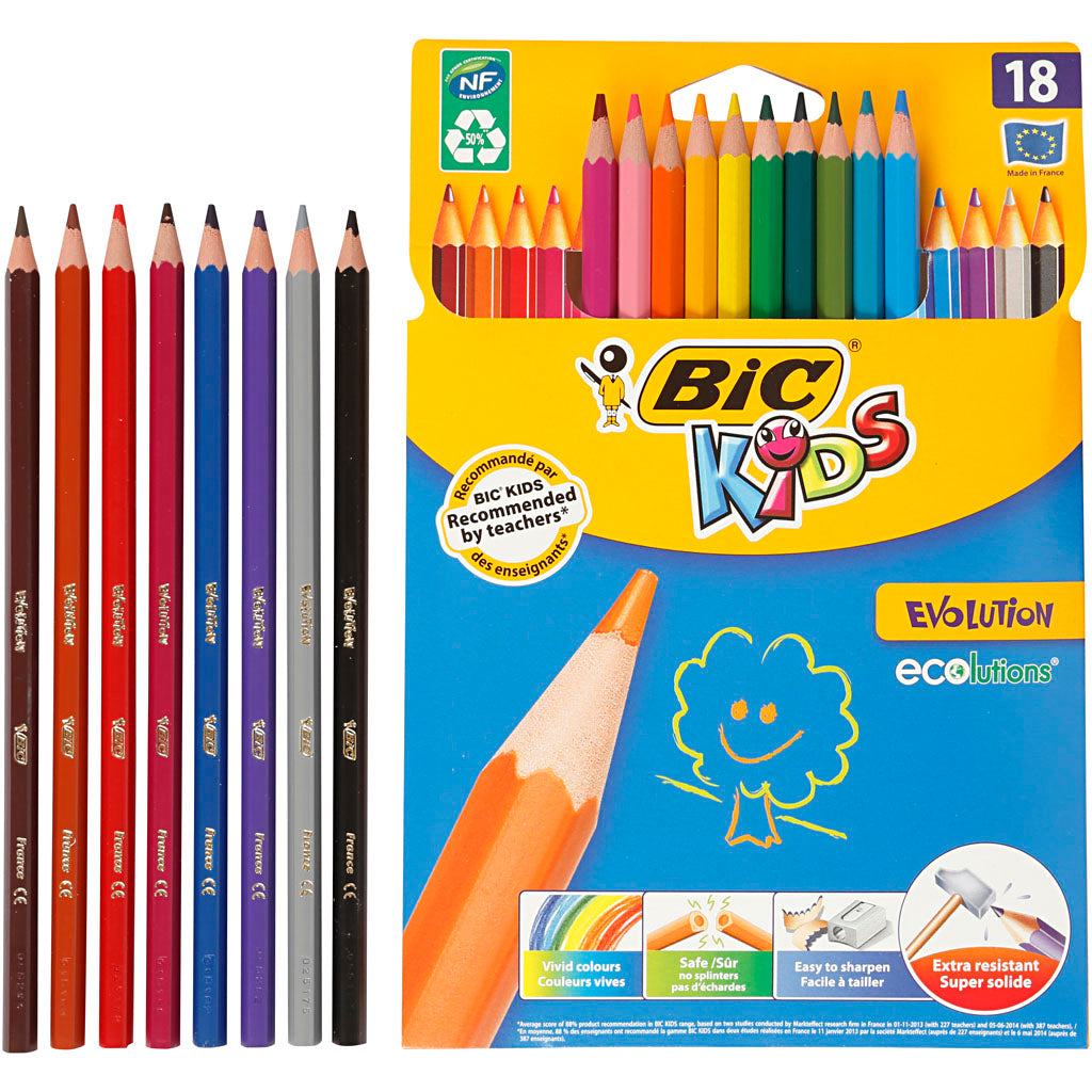 Bic evolution colored pencils, hexagonal, length 17.5 cm, 3 mm lead, various colors, 18 pieces in a box