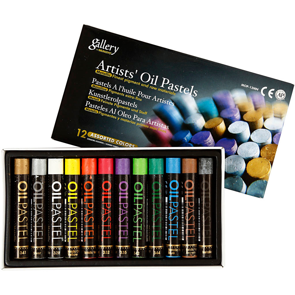 Gallery oil pastel, l: 7 cm, thickness 11 mm, metallic colours, 12 pieces 1 box
