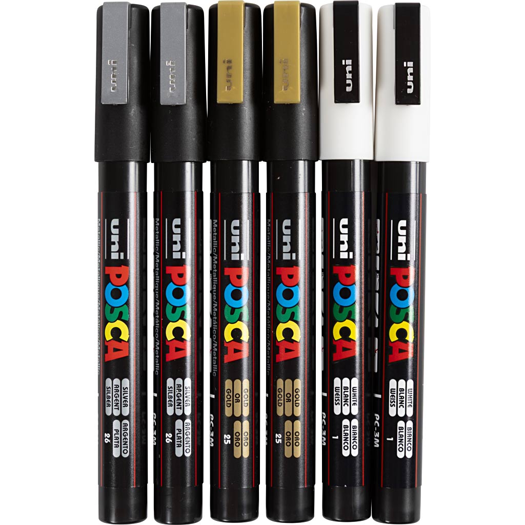 Uni-posca posca marker, size pc-3m, line width 0.9-1.3 mm, fine, gold, silver, white, 6 div 1 box