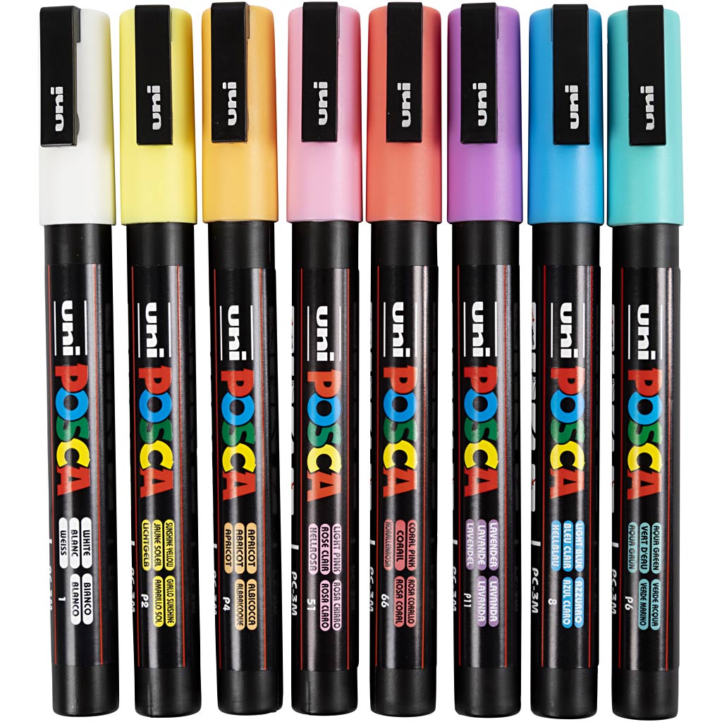 Uni-posca posca marker, afm pc-3m, lijndikte 0,9 - 1,3 mm, fijn, diverse kleuren, 8 div 1 doos