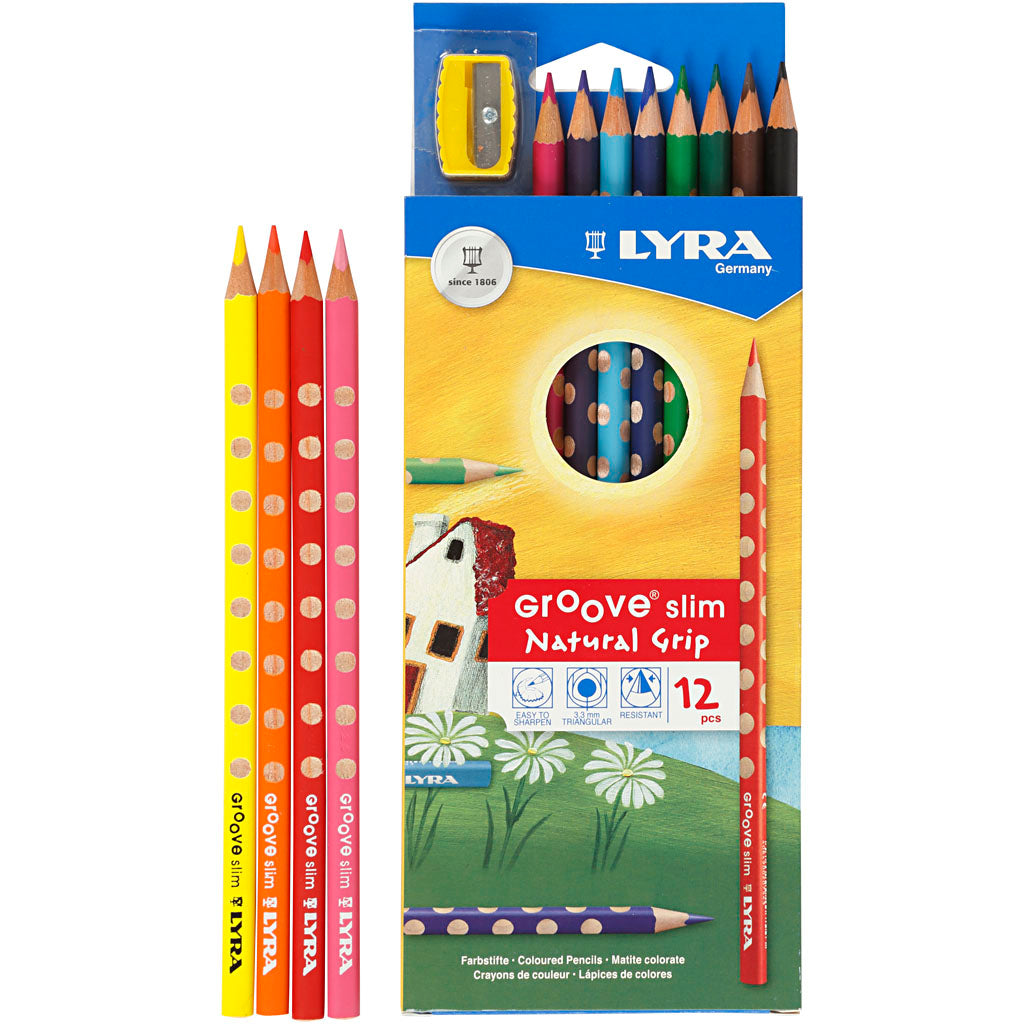 Lyra groove thin colored pencils, length 18 cm, 3.3 mm lead, assorted colors, 12 pieces, 1 box