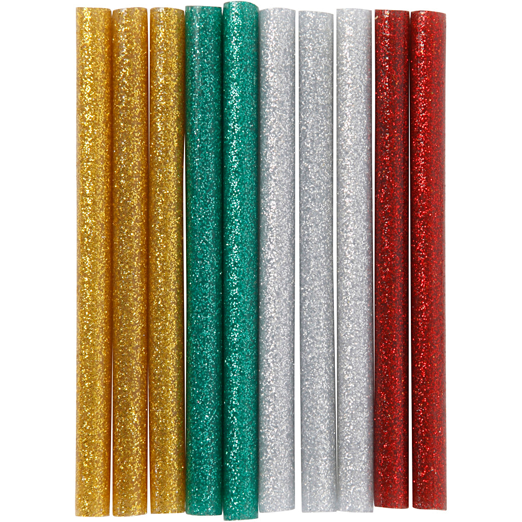 Creativ company glue sticks mini, l: 10 cm, d 7 mm, glitter, gold, green, red, silver, 10 pieces 1 box