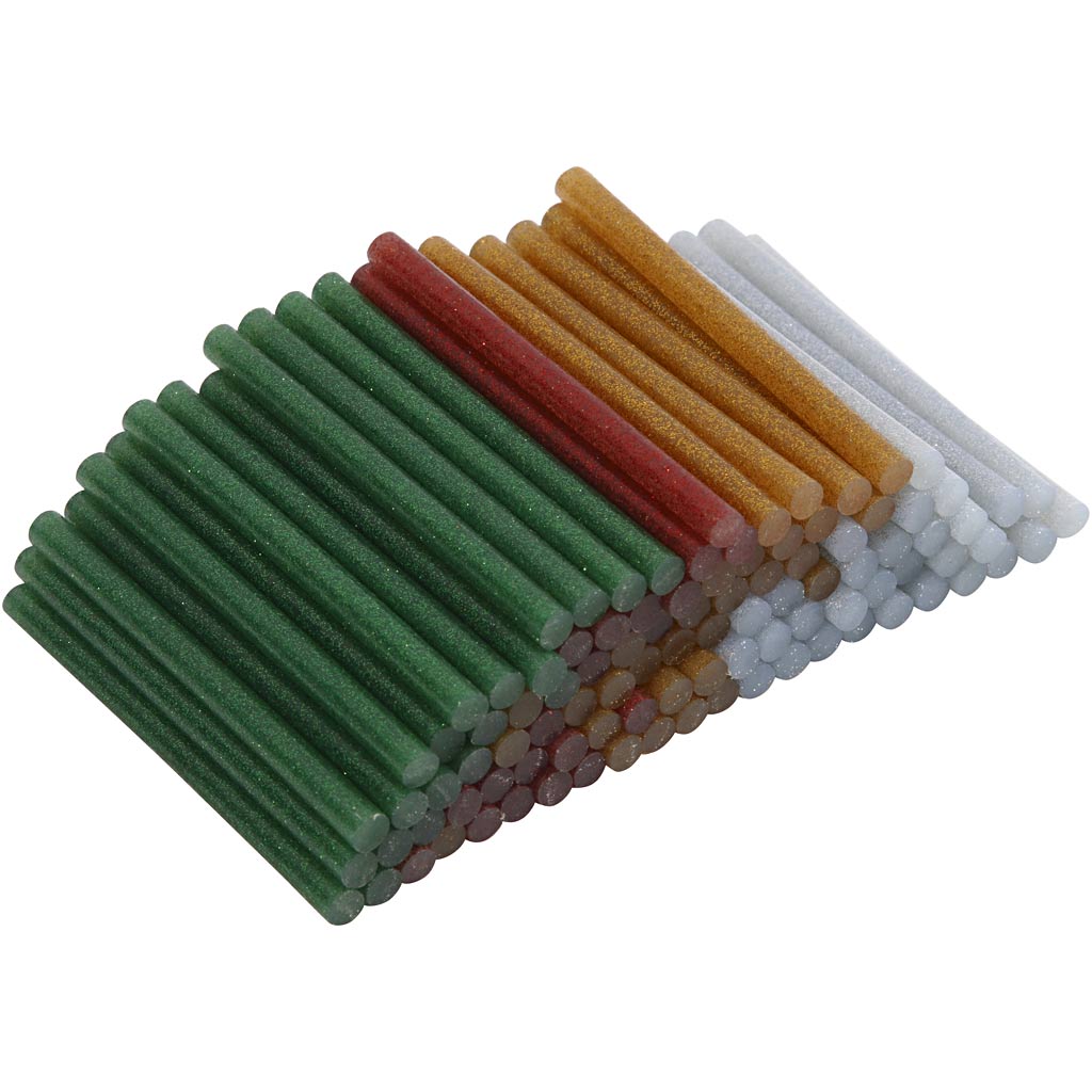 Creativ company glue sticks mini, l: 10 cm, d 7 mm, glitter, gold, green, red, silver, 100 pieces 1 box