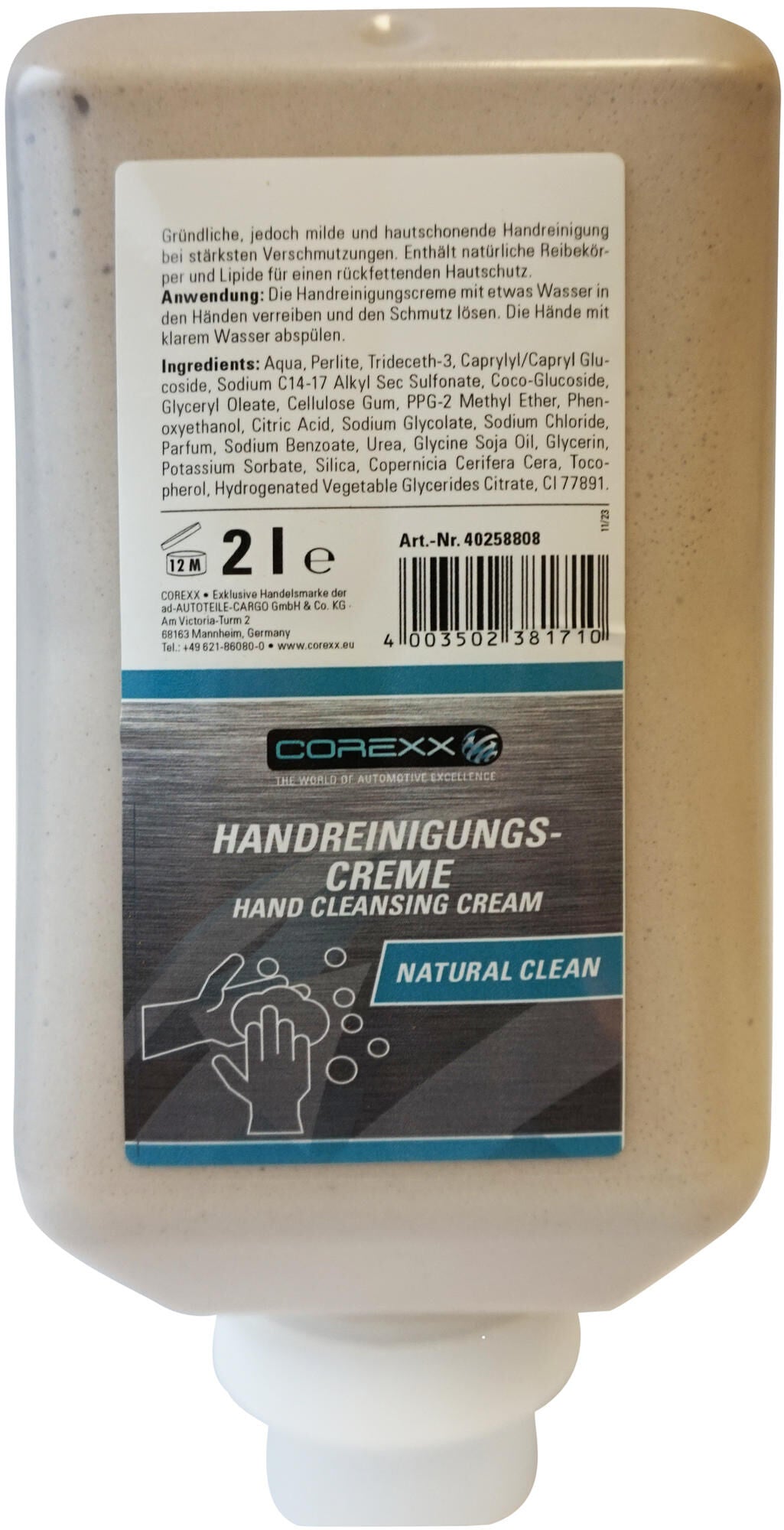 Corexx skin protection product natural clean. hand cleansing cream 2l