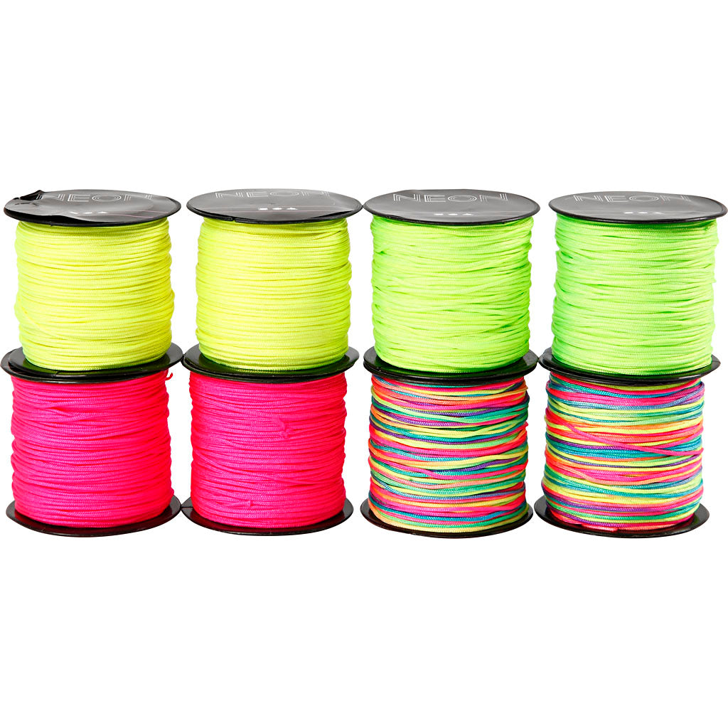 Creativ company macramé cord, thickness 1 mm, neon green, neon pink, neon yellow, neon mix, 8x28 m 1 box