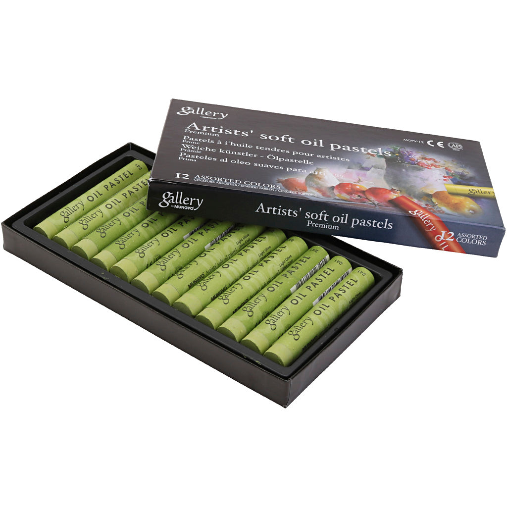 Gallery oil pastel, l: 7 cm, d 11 mm, thickness 11 mm, olive, 12 pieces 1 box