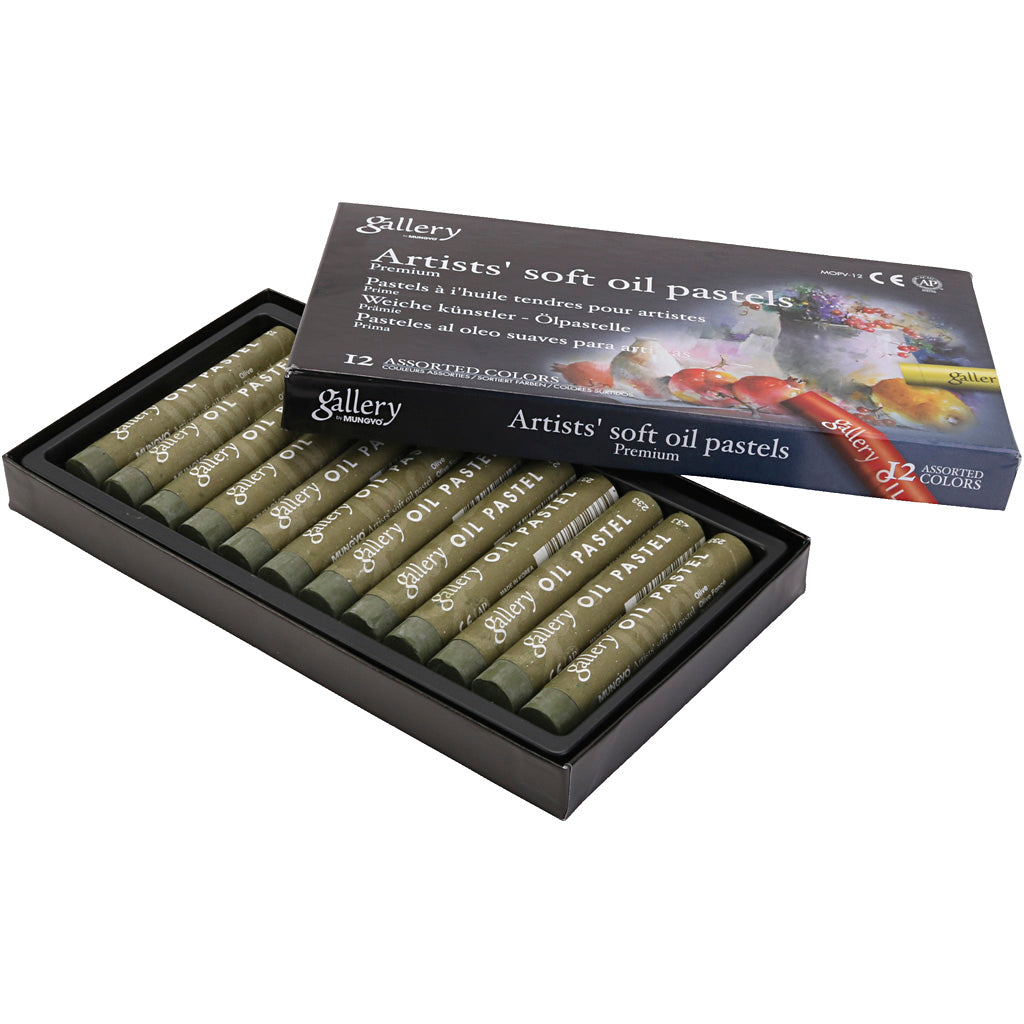 Gallery oil pastel, l: 7 cm, d 11 mm, thickness 11 mm, olive, 12 pieces 1 box