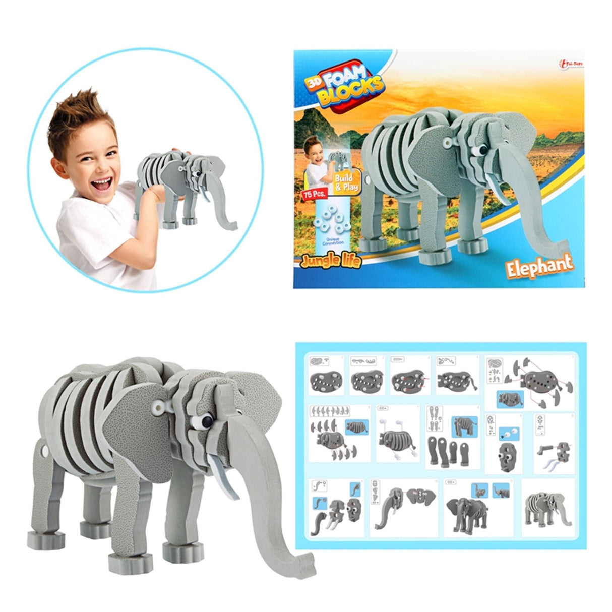 Toi-toys 3D-Puzzle Elefant Junior 31,5 cm Schaumstoff grau 75-teilig