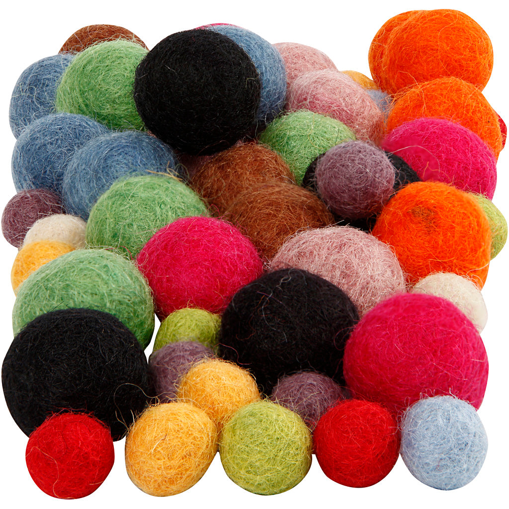 Creativ company wool beads, d 10+20 mm, various colors, 52 pieces 1 box