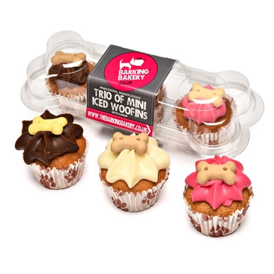 Die Barking Bakery Mini Iced Woofins Vanille und Carob Trio Assorti