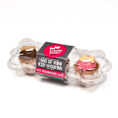 Die Barking Bakery Mini Iced Woofins Vanille und Carob Trio Assorti