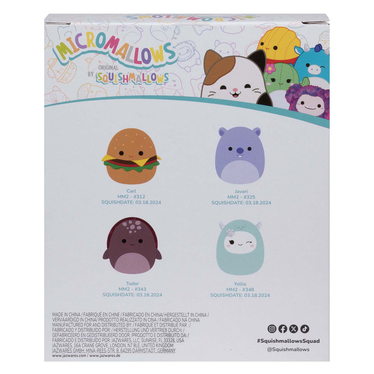 Squishmallows knuffel pluche micromallows - carl, yollie, javari, tudor, 4-pack