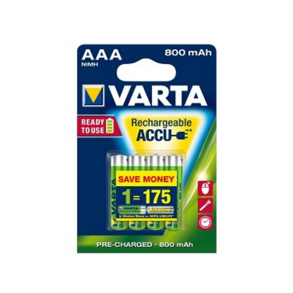 Varta ladattava mini -penlite -akku AAA 800 mAh Nimh 1,2 V 4 kappaletta kartalla