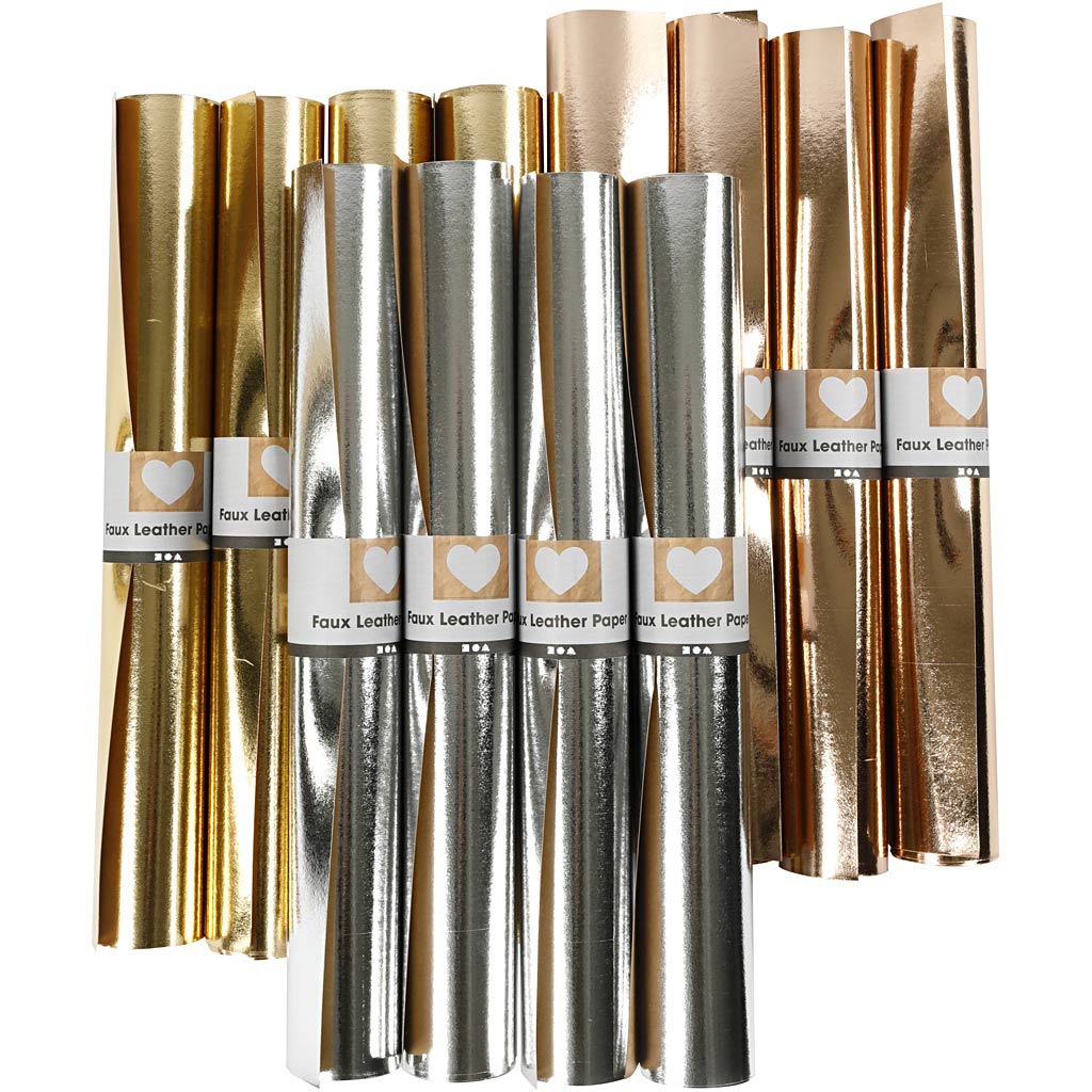 Creativ company faux leather paper, W: 49 cm, thickness 0.55 mm, unicoloured, with foil, gold, rose gold, silver, 12x1 m 1 box