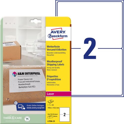 Adresetiketten avery wit 50 stuks weerbestendig