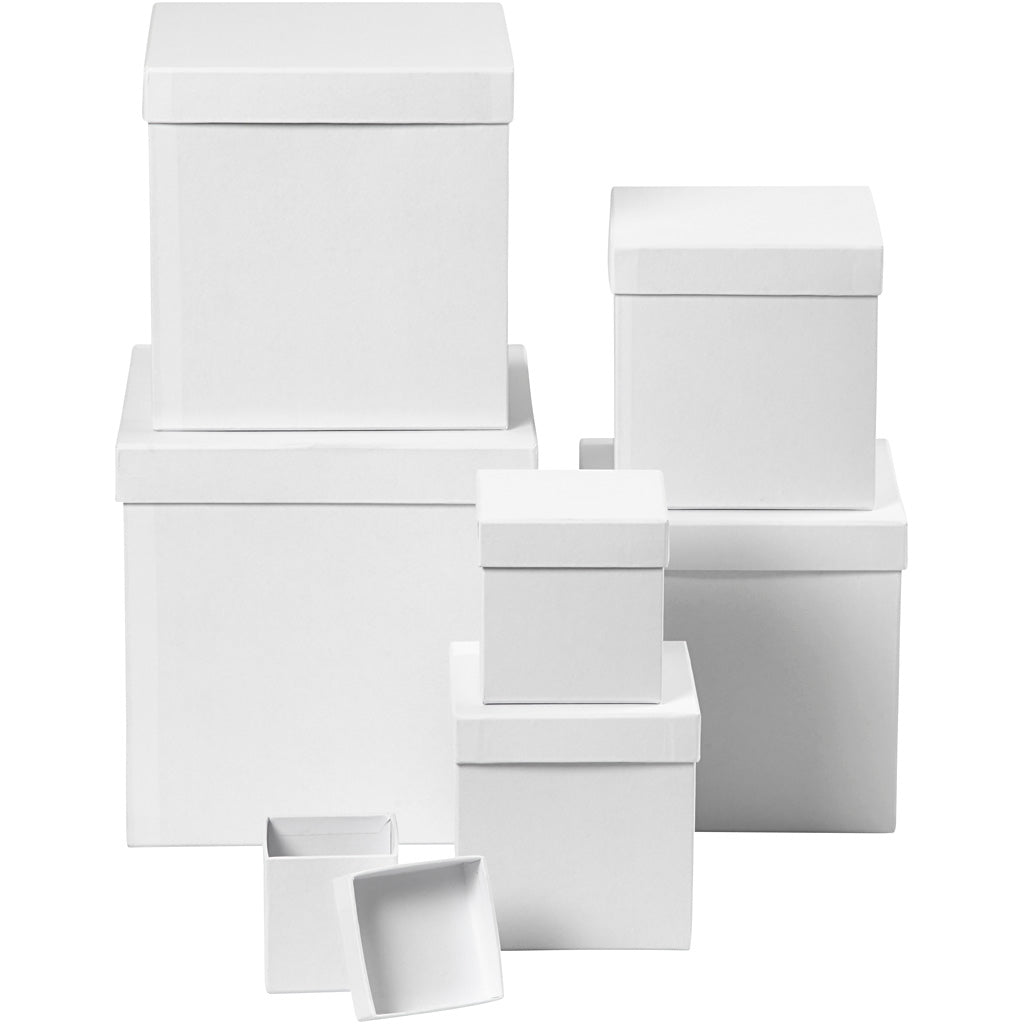 Creativ company square boxes, square, h: 7,5+10+13+15+18+20+23 cm, dim 7,5+10+13+15+18+20+23 cm, white, 7 pieces 1 set