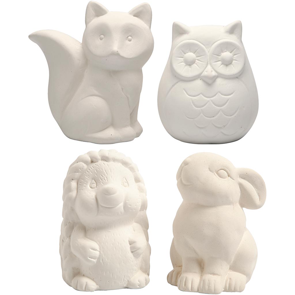Creativ company animal money box, owl, fox, hedgehog, hare, h: 9-10 cm, white, 4 pieces 1 box