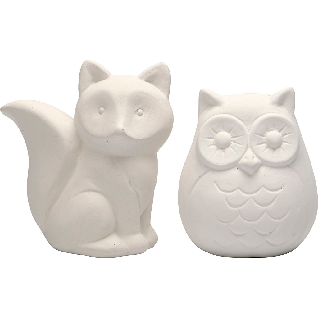 Creativ company animal money box, owl and fox, h: 9 cm, white, 2 pieces 1 box