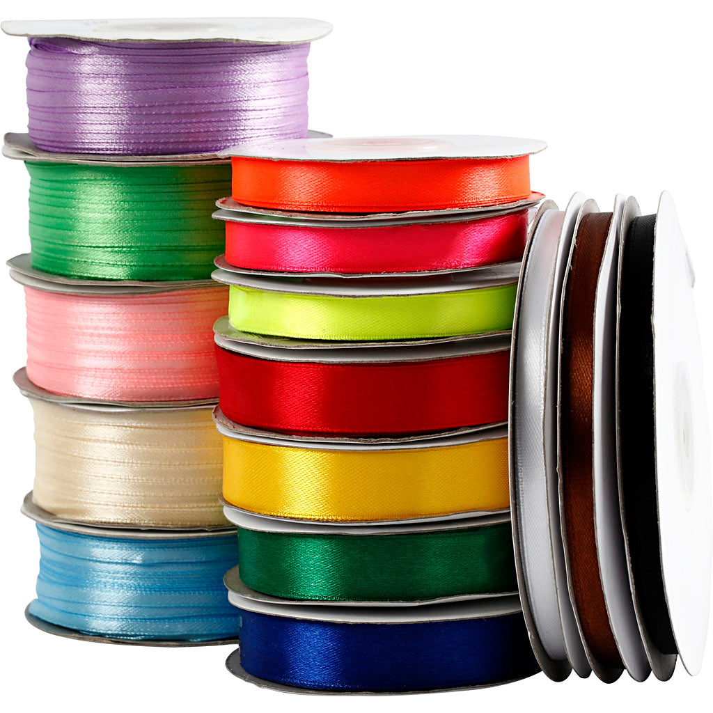 Creativ company satin ribbon, w: 3-19 mm, various colours, 15 rolls 1 box