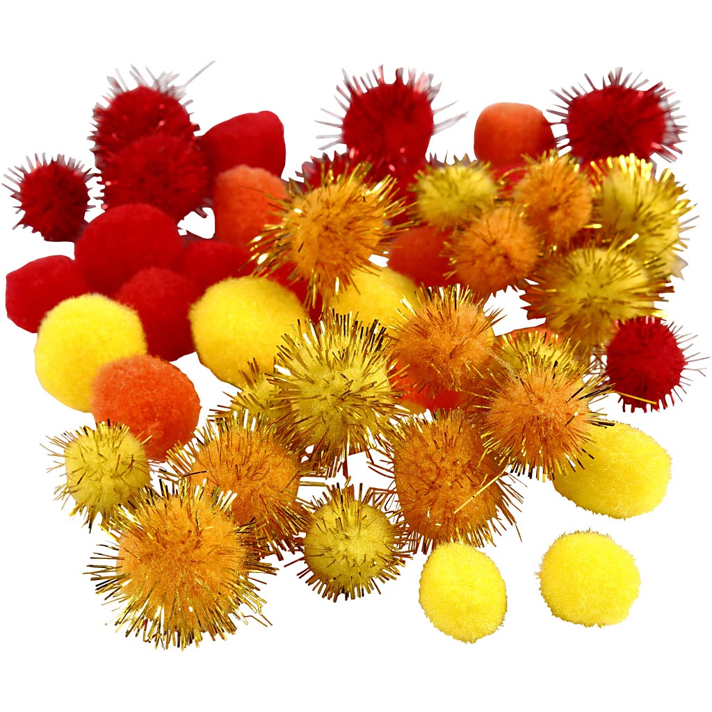 Creativ company pompoms, d 15+20 mm, orange, red, yellow, 48 div 1 box