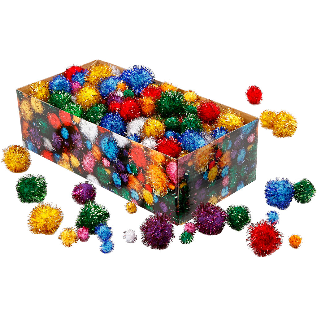 Creativ company pom-poms, d 15-40 mm, glitter, approx. 400 pieces, strong colors, 400 g 1 box