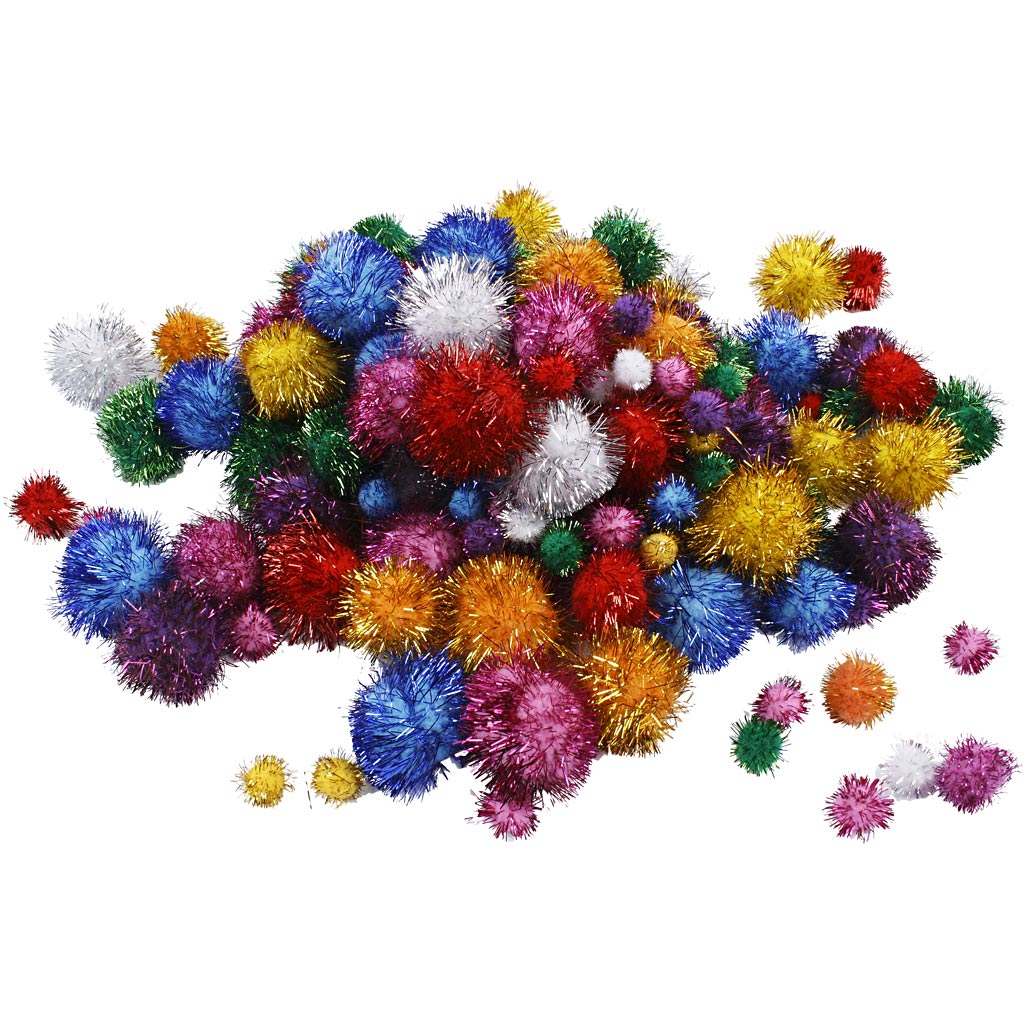 Creativ company pom-poms, d 15-40 mm, glitter, approx. 75 pieces, strong colors, 62 g 1 box