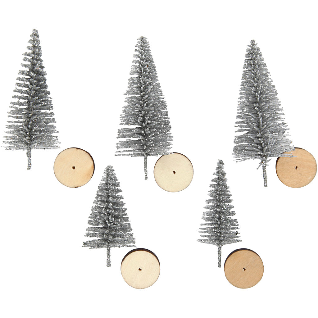 Creativ company Christmas trees, h: 40+60 mm, silver, 5 pieces 1 box