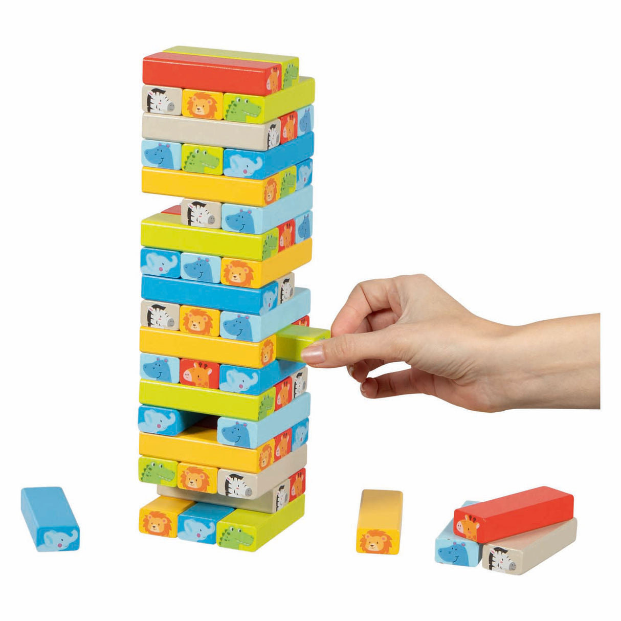 Goki wooden stacking game with animal motifs