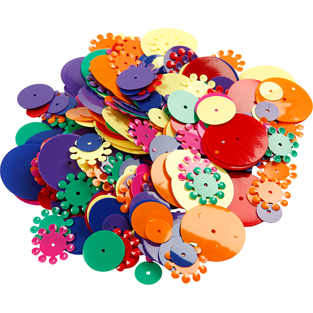 Creativ company sequins, round, size 10-25 mm, various colors, 250 g 1 box