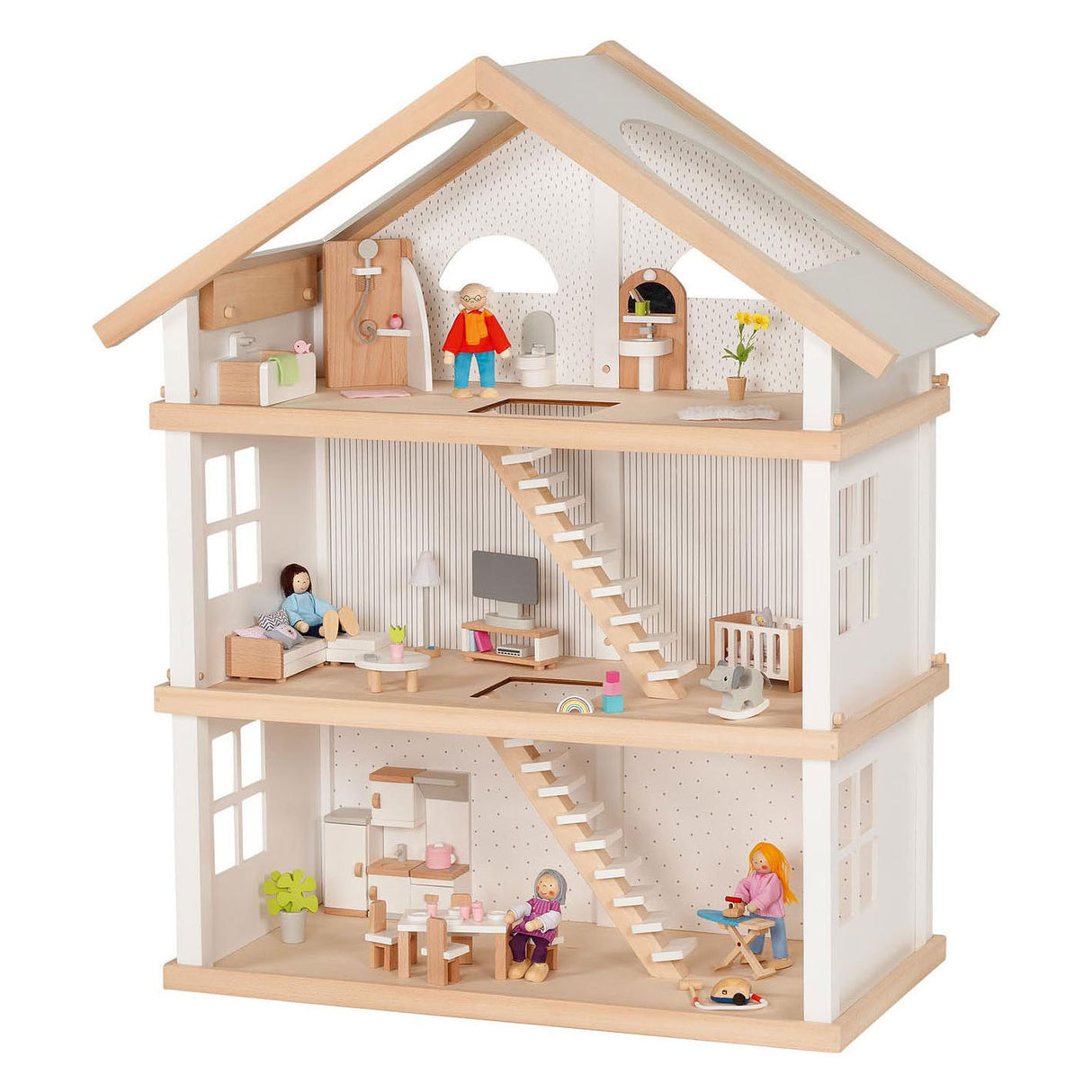 Goki wooden dollhouse modern living room with 3 floors