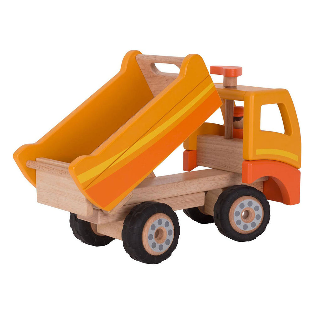 Goki wooden dump truck orange with rotating wheels