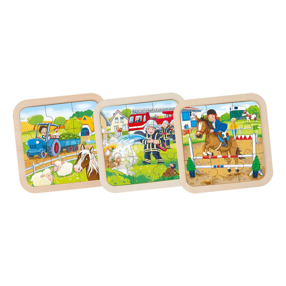 Goki wooden jigsaw puzzle farm, fire brigade, horse, 9 pcs.